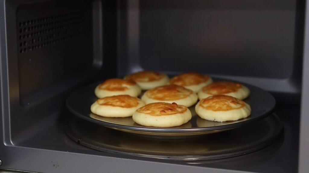 Mini pancakes being reheated on a plate in the microwave.