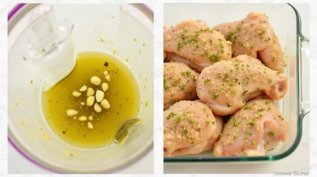 A split image showing a bowl of marinade with garlic and olive oil on the left and seasoned chicken drumsticks in a glass baking dish on the right.