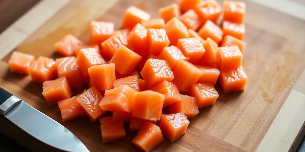 Cutting Salmon into Cubes