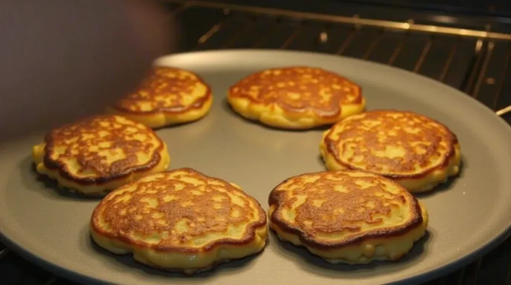 Mini pancakes being reheated on a baking sheet in the oven.