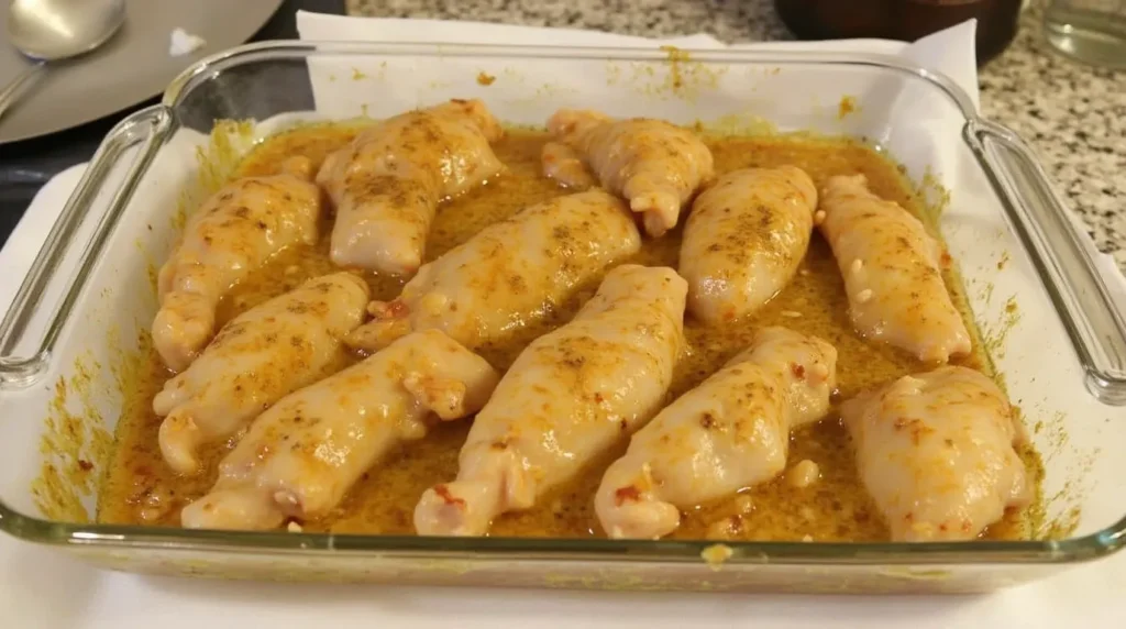 A glass baking dish filled with chicken breasts marinated and coated in a golden-brown sauce, ready for baking.