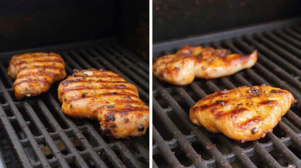 Juicy grilled chicken breasts with charred grill marks on a barbecue grill.