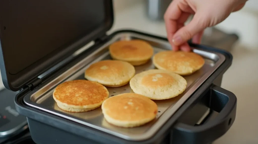  Mini pancakes being reheated on a toaster tray with a hand adjusting one of them.