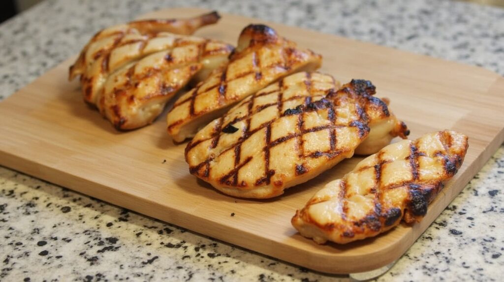 Grilled chicken breasts with crosshatch grill marks arranged on a wooden cutting board.