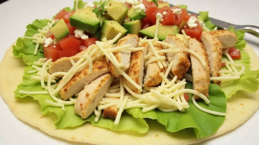 A fresh tortilla wrap topped with lettuce, grilled chicken, shredded cheese, diced avocado, and tomato.