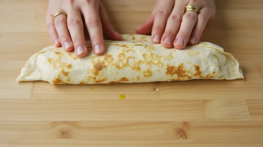 Hands rolling a golden-brown tortilla wrap on a wooden surface.