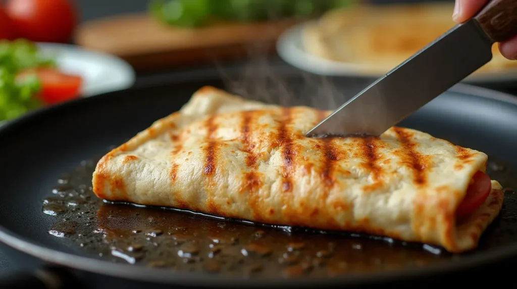 grilled tortilla wrap on a frying pan.