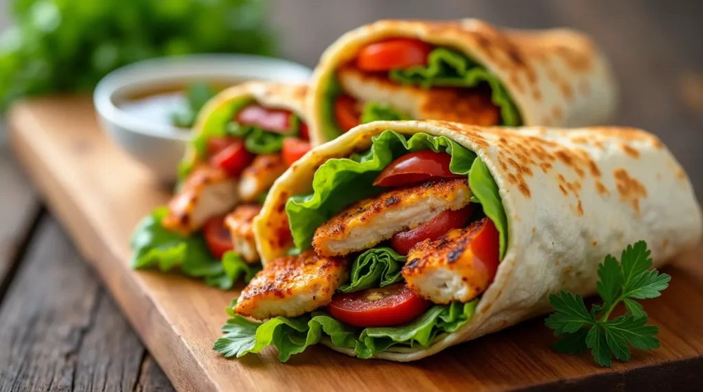 Freshly prepared chicken wraps with lettuce and tomatoes on a wooden board.