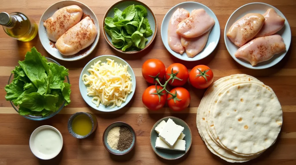 A flat lay of ingredients for grilled chicken wraps, including raw seasoned chicken breasts, fresh lettuce, spinach leaves, shredded cheese, ripe tomatoes on the vine, soft tortillas, blocks of feta cheese, olive oil, a bowl of spices, and a small bowl of creamy dressing.