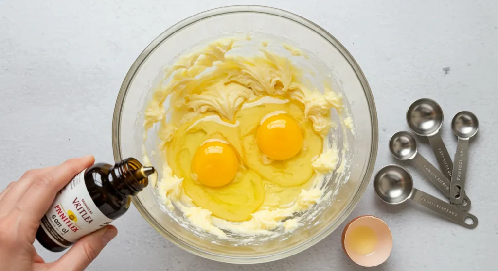 Adding Eggs and Vanilla Extract