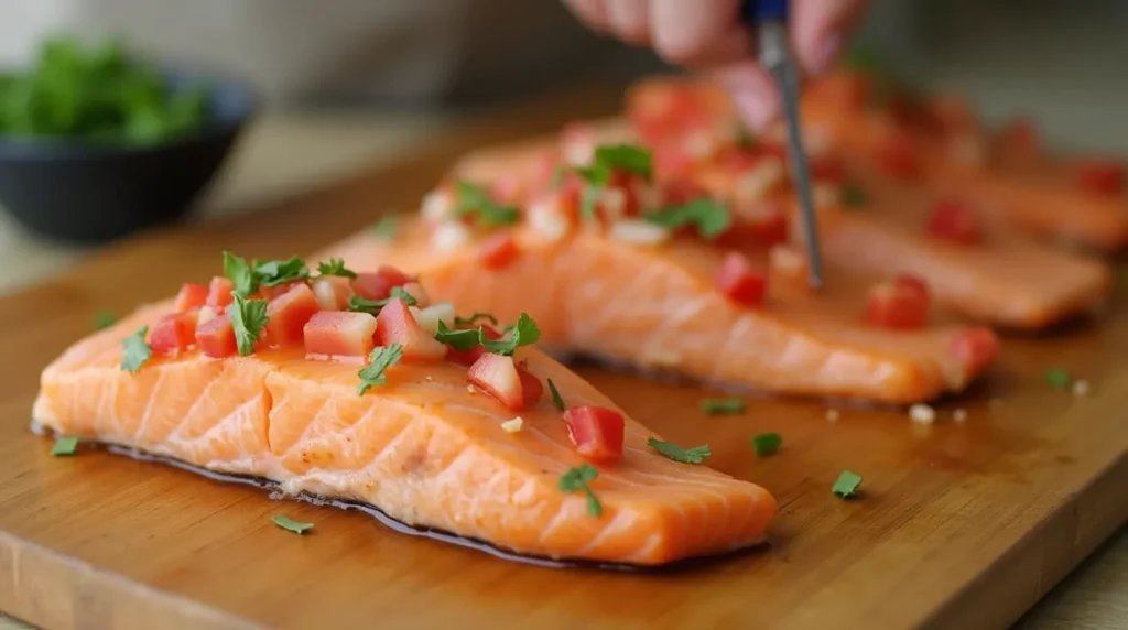 Cooking crab stuffed salmon